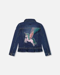 Our Stretch Denim Jacket with Unicorn is the versatile outer layer she'll want to wear with every outfit! In stretch cotton/poly denim, this long sleeve jacket features front buttons, two front flap pockets, and a ruffled hem that makes it extra-sweet. A shimmering heart on the sleeve and a giant winged unicorn on the back make it simply adorable from every angle. Long sleeve denim jacket Front buttons Ruffle hem 70% Cotton, 28% Polyester, 2% Elastane Fits true to size From 2 years to 14 years Winged Unicorn, Short Rain Boots, Long Sleeve Denim Jacket, Blanket Sweater, Long Sleeve Jacket, Neutral Outfit, Sleeve Jacket, Snow Suit, Romper With Skirt