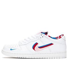 Nike SB and Dutch artist Parra have teamed up to create a special edition of the iconic Dunk Low OG QS. The shoe features a leather upper with multicolored chenille Swooshes, a graphic sockliner, and a patterned tongue label. Alternating co-branding is embroidered on the backstay. This shoe is perfect for skateboarders or anyone who wants to add a touch of whimsy to their style. (SNKR/Casual/Unisex/Low Top) White Custom Sneakers With Rubber Sole For Skateboarding, Custom White Sneakers With Rubber Sole For Skateboarding, Modern White Skate Shoes For Skateboarding, Modern White Skateboarding Shoes, Nike Custom White Sneakers With Vulcanized Sole, Nike White Skate Shoes With Red Sole, White Sneakers With Red Sole For Skateboarding, White Skate Shoes With Red Sole For Skateboarding, Dunk Low Nike