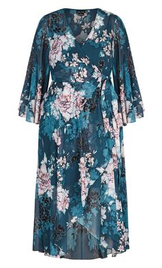 Aim for a glamorous and feminine aesthetic in this gorgeous maxi dress, featuring a dreamy floral print and draping bell sleeves to bring the drama. Complete with gossamer chiffon fabric, this billowing beauty has our hearts entirely. Key Features Include: - V neck wrap around style - Full length bell sleeves - Side tie fastening - Full length skirt with hi-lo wrap hemline - Floaty chiffon fabrication - Slip included Feel like the ethereal goddess that you are and style this maxi dress with some Gorgeous Maxi Dresses, Dresses Date Night, Plus Size Maxi, Floral Print Maxi, Floral Print Maxi Dress, Feminine Aesthetic, Date Night Dresses, Draped Dress, Plus Size Maxi Dresses