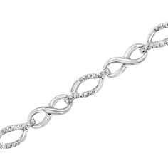 Treat yourself to this elegant and refined infinity link bracelet. Created in cool .925 sterling silver, this piece is designed with alternating infinity shaped and pear shaped links. This prong set, diamond accent piece is 7.25 inches in length and will be the perfect addition to your jewelry collection. Elegant Infinity Bracelets With Diamond Accents, Elegant Infinity Bracelet With Diamond Accents, Elegant Infinity Bracelets For Formal Occasions, Elegant Infinity Diamond Bracelet For Formal Occasions, Timeless Silver Infinity Jewelry, Classic Infinity Bracelet For Formal Occasions, Timeless Infinity Silver Jewelry, Silver Infinity Diamond Bracelet For Anniversary, Silver Bracelet With Modern Twist For Anniversary