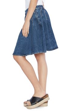 Easy-moving pleats lend swingy movement to this denim skater skirt. 96% cotton, 3% polyester, 1% spandex Machine wash, tumble dry Imported Cotton Pleated Short Denim Skirt, Short Pleated Cotton Denim Skirt, Denim Pleated Flared Skirt, Dark Wash Pleated Skirt For Spring, Spring Dark Wash Pleated Skirt, Casual A-line Denim Skirt, Casual Pleated Denim Blue Skirt, A-line Denim Bottoms For Spring, Spring A-line Denim Bottoms