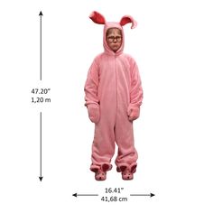 a person in a pink bunny costume standing next to a white wall with measurements for the size