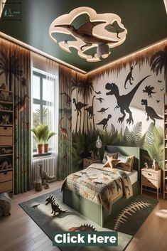 a bedroom with dinosaurs painted on the walls and ceiling, along with a bed in front of a window