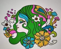 a drawing of a woman with flowers in her hair and an abstract design on the face