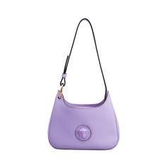 The Versace La Medusa Convertible Mini Hobo Bag is a must for those who love style and function.  This beautiful lilac leather bag has an adjustable shoulder strap that allows you to carry as a shoulder bag or crossbody bag. The interior features a zipper pocket to help corral loose items. A tonal medusa icon complete the sleek look of this bag.     Model: 1000802  Lilac  Smooth finish   Interior zipper pocket  Gold-tone hardware  Measures: 7.9"L x 1.6"W x 5.1"H  Adjustable strap drop: up to 19" Mini Hobo Bag, Versace Bag, Denim Shoulder Bags, Crocodile Bags, Leather Camera Bag, Satchel Tote Bag, Bag Model, Versace Bags, Love Style