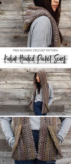 a woman wearing a knitted hooded scarf with the text, free modern crochet pattern