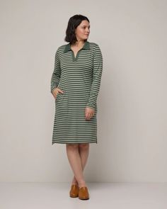 Bristol Merino Wool Polo Dress - Thyme White Stripe – Bristol Polo Dress | wool& Oversized Polo, Slim Hips, Wool Dress, Lovely Dresses, Polo Dress, Polo Collar, Well Dressed, Dressed Down, Straight Cut