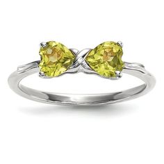 14k White Gold Polished Peridot Bow Ring. Material: Primary - Purity:14K|Finish:Polished|Stone Type_1:Peridot|Stone Color_1:Green|Stone Quantity_1:2|Plating:Rhodium|Band Width:1 mm|Feature:Solid|Head Height:4.5 mm|Manufacturing Process:Casted|Material: Primary:Gold|Completeness:Complete (all stones included)|Sizeable:Yes|Stone Shape_1:Heart|Stone Size_1:5 mm|Stone Treatment_1:Not Enhanced|Thickness:>1 mm|Item Weight U/M:gm|Product Type:Jewelry|Jewelry Type:Rings|Sold By Unit:Each|Material: Primary - Color:White|Ring Type:Birthstone|Ring Top Length:11.5 mm|Ring Top Width:5.1 mm|Stone Creation Method_1:Natural|Birthstone Month:(08) August Size: 7.  Color: Silver.  Gender: unisex.  Age Group: adult. Butterfly Engagement Ring, Gold Ring Band, Bow Ring, Peridot Stone, Peridot Ring, Stone Heart, 14k White Gold Ring, Gold Polish, Gold Jewelry Fashion