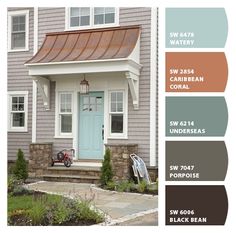 the exterior of a house with different shades of gray, brown, and white paint