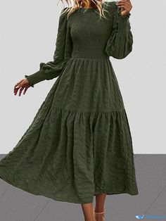 Orcajump - Plus Size Casual Dress, Women's Plus Solid Crinkle Shirred Lantern Sleeve Round Neck Maxi Dress Fit And Flare Dresses, Casual Dress Women, Plus Size Casual Dress, Flare Dresses, Casual Tie, Spring Skirts, Lantern Sleeve, Fit N Flare Dress, Lantern Sleeves