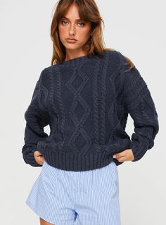 Anaya Oversized Sweater Navy Knitted Sweater Outfit, Blue Knitted Sweater, Oversized Knit Sweater, Friday Outfit, Sweater Outfit, Fleece Dress, Monday Blues, Oversize Knit, Oversized Knitted Sweaters