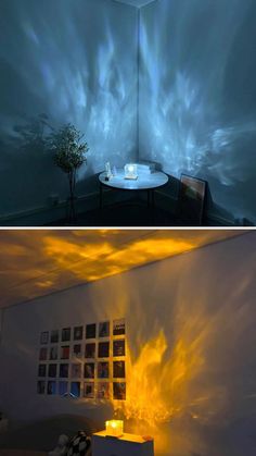 two pictures with different lighting effects in the room and on the wall, there is a table