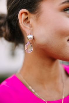 These chic earrings are worth it all! That pink teardrop looks so good with the pearl stud. These earrings are going to style great with party outfits this summer! Chic Earrings, Party Outfits, The Pearl, Pearl Studs, Teardrop Earrings, Worth It, Party Outfit, This Summer, Pink