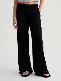 Women Renee Sweatpant True Black at AG Jeans Official Store Relaxed Wide-leg Sweatpants For Everyday, Relaxed Fit Wide Leg Sweatpants For Everyday, Chic Wide Leg Cotton Pants For Elevated Casual, Chic Cotton Wide Leg Pants For Smart Casual Occasions, Chic Cotton Wide Leg Pants For Elevated Casual Wear, Classic Black Bottoms For Loungewear, Classic Straight Hem Loungewear Bottoms, Classic Straight Hem Pants For Loungewear, Relaxed Workwear Pants With Side Pockets