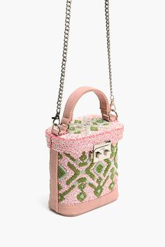 Embellished box tote bag Jacquard with lurex detailing Hand Embroidery with bead work in front Foldover top with clasp closure Single top handle & chain-link shoulder strap Fully lined Size: 8" x 6.5" x 2.5" Step into the world of elegance and charm with our Pink Muse Embellished Handheld Bag, a true embodiment of Embroidered Evening Bag For Summer, Summer Embellished Rectangular Clutch, Embellished Rectangular Bag, Embellished Top Handle Shoulder Bag For Shopping, Embellished Rectangular Summer Bag, Pink Embellished Top Handle Bag, Summer Embellished Rectangular Shoulder Bag, Summer Embellished Rectangular Bag, Summer Embellished Rectangular Bags