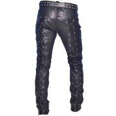 Men's Real Leather Bikers Pants Front and Back Laces Up Bikers Pants Trousers100% Genuine - High Quality - Fast ShippingGenuine BLACK Cow Leather Side and Front Laces Up Bikers Pants Trousers Style JeansOn repeated requests from our customers, we are proud to present these Side and Front Laces Up Bikers Pants Trousers style pure Premium Quality Cow Leather Jeans in BLACK.Made from Real Cowhide leather, these jeans are totally breathable!! FEATURES:Full-Size Belt Loops2 Rear Patch Pockets2 Side & 1 Coin PocketsCut of an original 501 pair of jeansChoice of Original YKK Zip Or Button FlyChoice of Waist & Leg sizes10"-10.5" (25-26cm) Rise8" (20.5cm) Bottom HemThese jeans will look stunning no matter what you wear them with!Whether it's a casual night out or a leather theme party. these jeans w Mens Leather Shirt, Steampunk Jacket, Mens Leather Coats, Mens Waistcoat, Biker Pants, Mens Leather Pants, Black Cow, Biker Jeans, Uniform Shirts