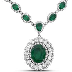 Roman & Jules 18K White Gold Oval Emerald Flowering Halo Drop Necklace - 6.85 Carat Total Gem Weight Engagement Necklaces, Gold Jewelry Gift, Flower Halo, Halo Necklace, Emerald Necklace, Gold Halo, White Gold Necklaces, Emerald Gemstone, Drop Necklace