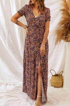 Multicolor Boho V Neck Maxi Floral Dress Multicolor Non-stretch V-neck Maxi Dress, Non-stretch Ditsy Floral Print Dresses For Vacation, Non-stretch Ditsy Floral Print Vacation Dresses, Casual Floral Print Non-stretch Maxi Dress, Casual Non-stretch Floral Print Maxi Dress, Non-stretch Floral Print Maxi Dress With Short Sleeves, Casual Non-stretch Maxi Dress With Floral Print, Non-stretch Short Sleeve Maxi Dress With Floral Print, Non-stretch Multicolor Floral Print Maxi Dress