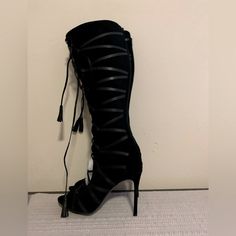 Nwt Fantastic Vince Camuto % Soft Silky Black Suede: Open-Toe, High Stiletto Heel, Tall Lace-Up Boots With Leather Wrap-Around & Tassels. Size 9.5. In Original Box. Very Chic! Elegant Lace-up Heeled Boots For Night Out, Elegant Fitted Lace-up Heeled Boots, Fitted Open Toe Boots With Wrapped Heel, Luxury Fitted Boots With Wrapped Heel, Formal Fitted Heeled Boots With Wrapped Heel, Elegant Fitted Lace-up Boots, Evening Open Toe Fitted Boots, Fitted Open Toe Evening Boots, Fitted Evening Boots With Open Toe