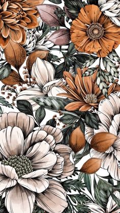 an image of flowers and leaves on a white background for wallpaper or fabric design