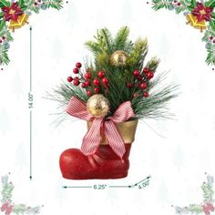 a christmas stocking with holly, pine cones and baubs is shown in front of a white background