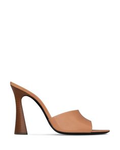 Sleek Leather Mules, Sleek Leather Mules Fitted, Leather Mules With Square Toe, Luxury Fitted Leather Mules, Fitted Leather Mules, Fitted Leather Mules With Reinforced Heel, Fitted Leather Sandals With Sculpted Heel, Modern Brown Heels For Evening, Modern Brown Heels With 4-inch Heel