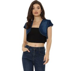 Casual summer shrugs that you need in your wardrobe! This cropped denim shrug looks cool and trendy on any occasion. This wardrobe-essential denim bolero shrug is designed with cropped fitted silhouette which is suitable for clubs, parties, gatherings, and so on. Paired perfectly with a crop camisole and skinny jeans for a fashionable and chic look. Comfortable denim fabric to carry around, your wardrobe must have a summer piece like this. Summer Cropped Denim Blue Jacket, Cropped Denim Blue Jacket For Summer, Cropped Denim Blue Denim Jacket For Summer, Fitted Trendy Shrug For Summer, Trendy Fitted Shrug For Summer, Trendy Fitted Summer Shrug, Fitted Casual Spring Shrug, Trendy Cropped Shrug For Spring, Trendy Cropped Spring Shrug