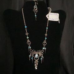 Handmade In South America. New Never Worn. Very Detailed And Intricate Necklace And Earring Set. The Material Is Alpaca Silver Which Is A Non-Rust Non-Tarnish Alloy. The Earrings Are Feather Light And Will Not Weigh Down Your Ear Lobes. The Necklace Is Roughly 17 1/2 Inches Long And The Earrings Are Roughly 3 Inches Long. Glass And Turquoise Chip Details From A Smoke Free Home. Blue Sterling Silver Costume Jewelry, Blue Costume Jewelry In Sterling Silver, Blue Bohemian Wire Wrapped Jewelry, Bohemian Blue Wire Wrapped Jewelry, Blue Metal Jewelry Sets, Blue Pendant Jewelry With Matching Earrings, Blue Pendant Necklace With Matching Earrings, Blue Metal Jewelry Sets As A Gift, Sterling Silver Blue Necklace With Matching Earrings