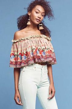 Shop for Bhanuni By Jyoti White Viscose Printed Off-shoulder Top for Women Online at Aza Fashions White Off Shoulder Top, Womens Printed Tops, Embroidery Hand, Textured Top, Scallop Hem, Pretty Top, Summer Blouses, Top For Women, White Embroidery