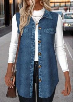 Patchwork Light Blue Shirt Collar Sleeveless Waistcoat. Size:S-XXL.Color :Light Blue.Clothing Length :Long. Sleeve's Length :Sleeveless Neckline :Shirt Collar. Style :Single Bresated. Style :Casual,Work. Occasion :Everyday, Wear to Work #JeanShirt #PlusSizeShirt #SleevelessJeansShirt #Rotita Jeans Crafts, Casual Edgy, Light Blue Shirt, Blue Jeans Crafts, Blue Vest, Swimwear Suits, Embellished Denim, Light Blue Shirts, Vest Shirt