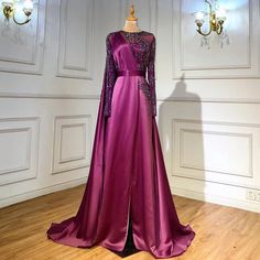 Grape Elegance: 2024 Luxury Evening Dress with High Split in Satin for Women at Parties Purple Gown For Prom Season, Purple Gown With Sweep Train For Banquet, Purple Evening Dress With Sweep Train For Prom, Purple Dresses With Sweep Train For Prom Season, Purple Dresses With Sweep Train For Prom, Purple Evening Dress With Sweep Train For Banquet, Purple Sweep Train Dress For Prom Season, Purple Party Gown With Sweep Train, Purple Long Sleeve Banquet Gown