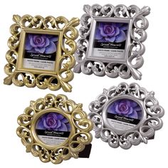 three gold and silver frames with a purple rose in the center