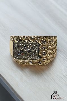 Mems  vintage diamond nugget ring Created in 13.21 grams of 14 karat yellow gold. Featuring 6 round natural diamonds approximately 0.80 Ctw SI clarity & near colorless diamonds.  Features a smooth high polish design on one side with a retro nugget pattern on the opposite.   Size 11 Can be sized 1 size up/down at no charge.   Please allow an extra 3-4 days for turnaround.   Comes in a gift box with appraisal upon request. Gold Cluster Diamond Ring In 14k, Elegant 14k Gold Nugget Diamond Ring, Dazzling Gold Cluster Diamond Ring, Luxury Gold Cluster Diamond Ring, Gold Diamond Cluster Ring Stamped 14k, Gold Cluster Diamond Ring With Accents, Gold Collectible Cluster Ring, Gold Diamond Cluster Ring With Prong Setting, Gold Cluster Diamond Ring With Brilliant Cut