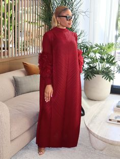 PETAL SLEEVE MOCK NECK DRESS (Wine Red) - Ninth and Maple Loose Long Dress, Wine Colored Dresses, Bubu Gown Styles, Funky Dresses, Petal Sleeve, Mock Neck Dress, Bat Sleeve, Classy Dress Outfits, Classy Casual Outfits