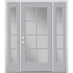 Instantly brighten any space with the Masonite Vista Grande. Engineered to last a lifetime, these high-performance smooth surface doors offer a wider viewing area and cleaner appearance over traditional glass inserts. Designed with an energy saving polyurethane door core, the maintenance-free proprietary fiberglass construction provides maximum protection and durability. Masonite 60-in x 80-in x 4-9/16-in Fiberglass Full Lite Left-Hand Inswing Infinity Gray Painted Prehung Front Door with Sideli Single Front Door With Sidelights, Single Exterior Doors, Exterior Doors With Sidelights, Mobile Home Doors, Front Door With Sidelights, Single Front Door, Door With Sidelights, Aluminium Front Door, Entry Door With Sidelights