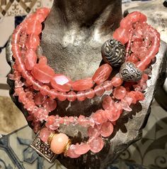 "These are four stunning cherry quartz necklaces in different cuts worn together to create a stunning, boho, statement look. These necklace will work for everyday or with an evening dress. Worn all together or separately. Dimensions: length 16\" -20\" + 32\" long necklace wrapped twice or can be worn as a wrap bracelet too. (including clasp) extender- can be added by request *If, for any reason, you are not completely satisfied, please contact me so we can try to work out the problem. Shipping I Realistic Wishlist, Jewelry 101, Easy Bracelet, Evening Necklace, Necklaces Statement, Queens Jewels, Creative Necklace, Bridesmaid Gowns, Cherry Quartz