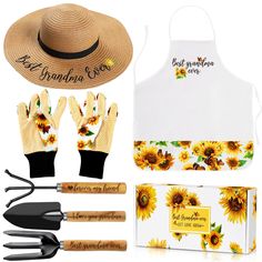 the sunflower garden gift set includes gardening tools, an apron, gloves and a straw hat