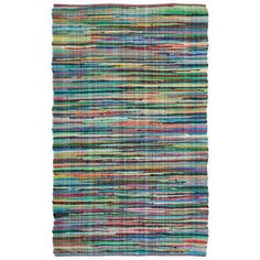 a multicolored rug with fringes on the top and bottom, against a white background