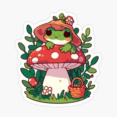 a cartoon frog sitting on top of a mushroom