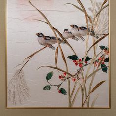 three birds sitting on top of a tree branch with berries and leaves in front of it