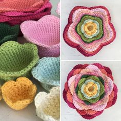 crocheted flowers are shown in three different colors