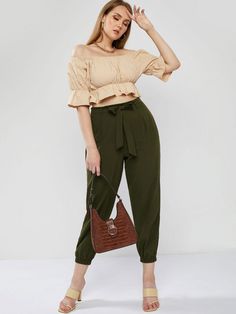 ZAFUL Plus Size Ruffle Peplum Belted Two Piece Pants Set In DEEP GREEN | ZAFUL 2023 Peplum Belt, Convertible Collar, Casual Kimono, Plus Size Two Piece, Two Piece Pants Set, Plus Swimwear, Matching Swimwear