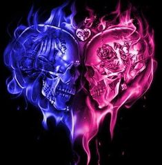 two skulls in the shape of heart with flames on their sides and faces painted purple