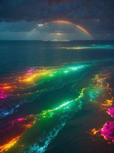 an aerial view of the ocean with a rainbow in the sky and water below it