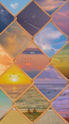 many different pictures are arranged in the shape of a grid on a beach at sunset