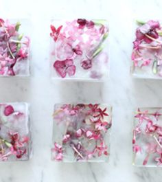 four square pieces of glass with pink and white flowers in them on a marble surface