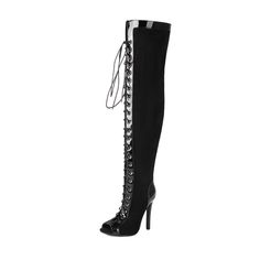 Shop Black Suede Peep Toe Lace Up Thigh High Boots Stiletto High Heels color Black for Going out, Music Festival, Night Club, Party with worldwide Free shipping & Free return. Evening Thigh-high Faux Leather Boots, Black Thigh-high Boots For Formal Occasions, Evening Thigh-high Faux Leather Heeled Boots, Evening Knee-high Heeled Boots With Zipper Closure, High Heel Knee-high Boots With Zipper Closure, Shoe Size Chart, High Heels Stilettos, Thigh High Boots, Thigh Highs