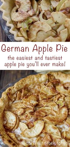 an apple pie is shown with the words german apple pie on top and below it