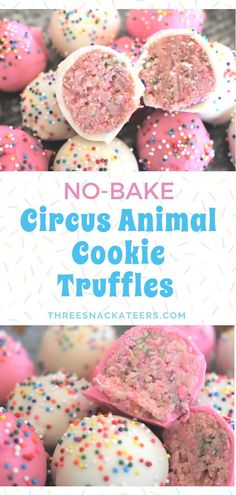 there are some cookies that have sprinkles on them and the words, no bake circus animal cookie truffles