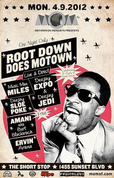 an old poster with the words root down does mo town on it's side